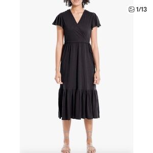 Max Studio black flutter short sleeve wrap midi dress Size XL NWT $118